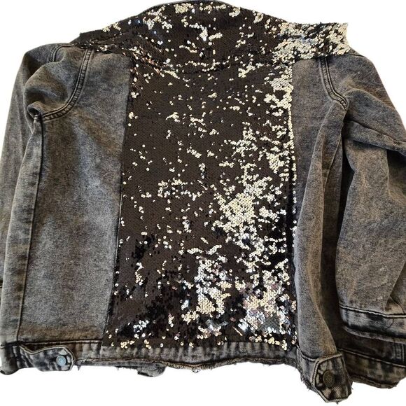L&B Lucky and Blessed Womens Black Sequined Distressed Denim Jacket Large - Picture 13 of 13
